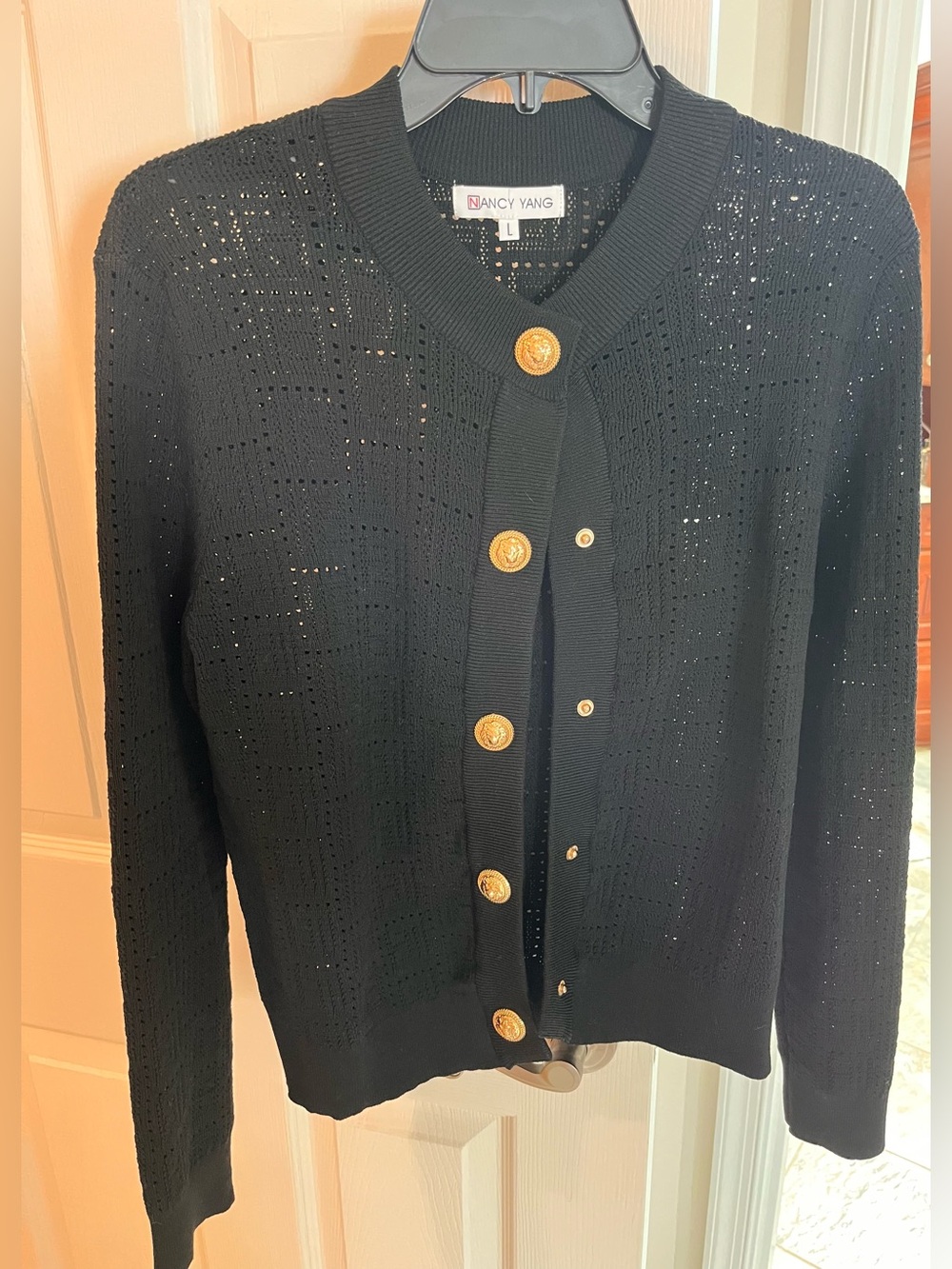Nancy Yang Black Knit Cardigan with Gold Buttons